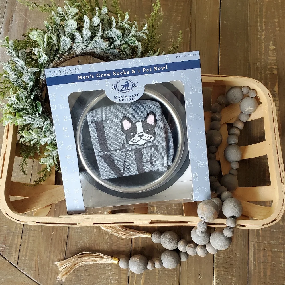 Man's Best Friend Frenchie Bulldog Matching Crew Socks & Pet Bowl Gift Set